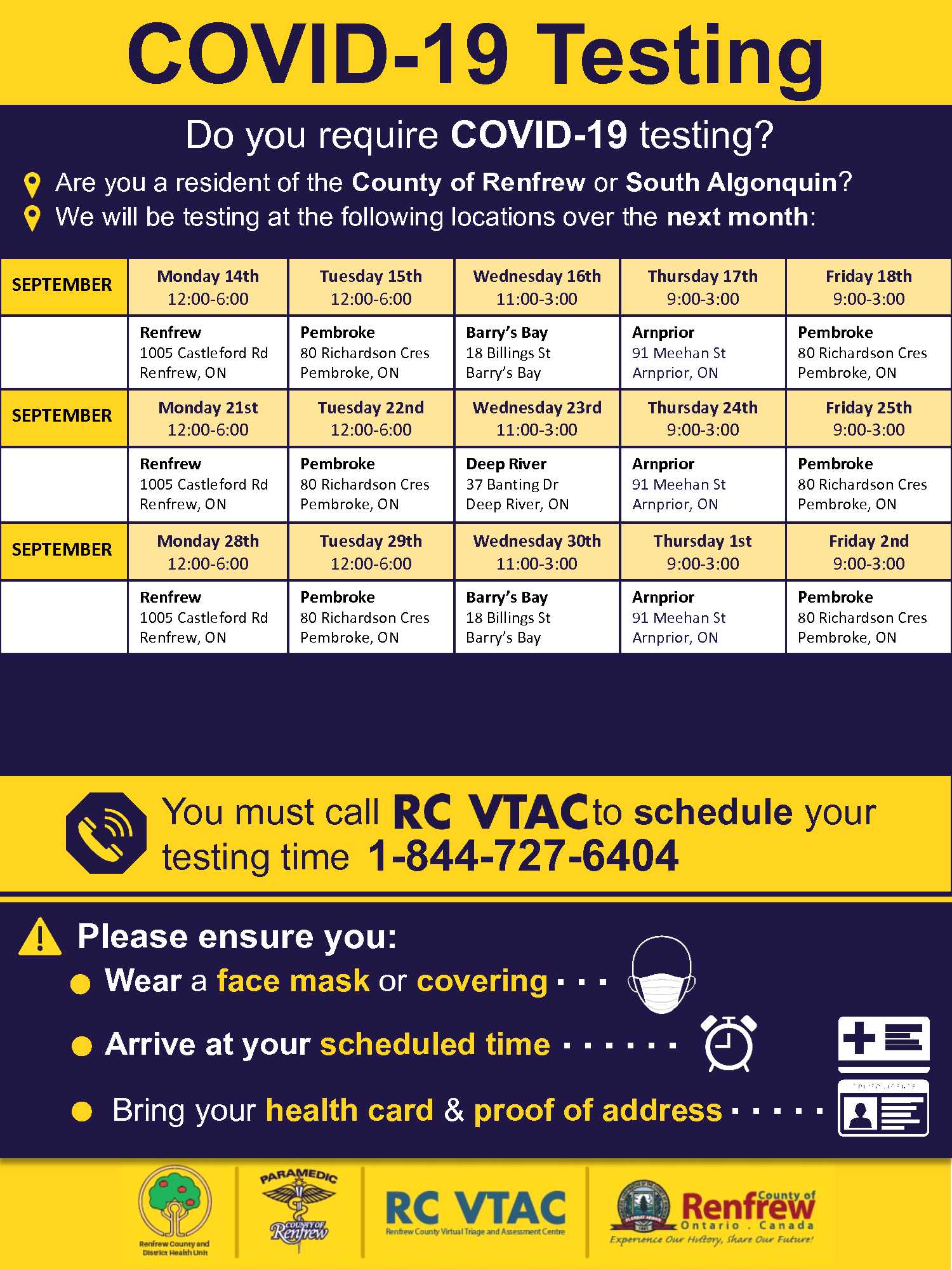 COVID19 Testing Schedule September 1418, 2020 Township of McNab